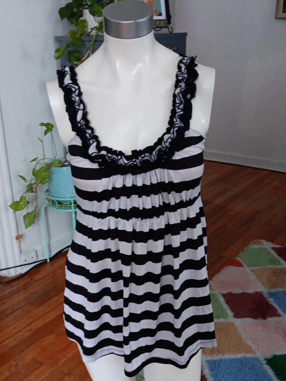 Black & Gray Striped Ruffle Tank Top